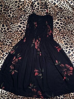 Vintage Y2K Island Planet Smocked Floral Sequin Midi Dress